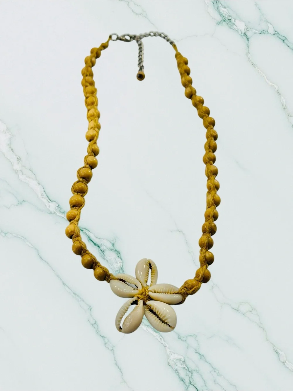 Cowrie Seashell Brown Wood Bead Necklace 18” Star Macrame Beach Boho Caribbean